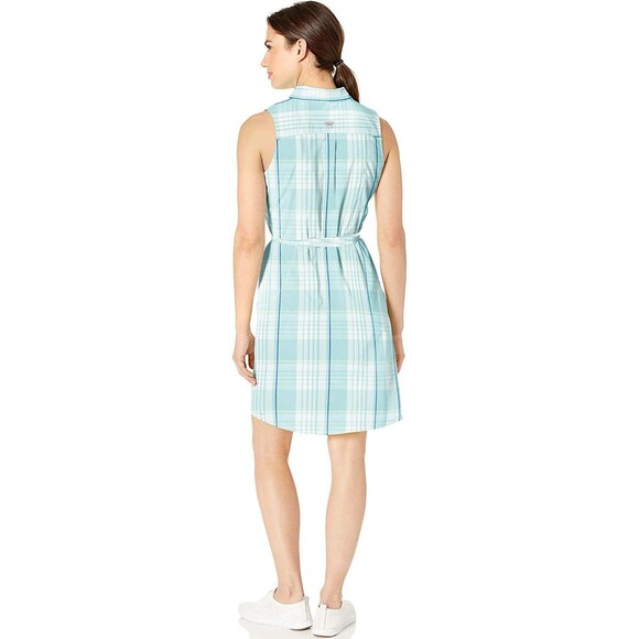 NWT New Womens Columbia White Blue Plaid Dress PFG M Slits Pockets Cotton Logo - Picture 1 of 9